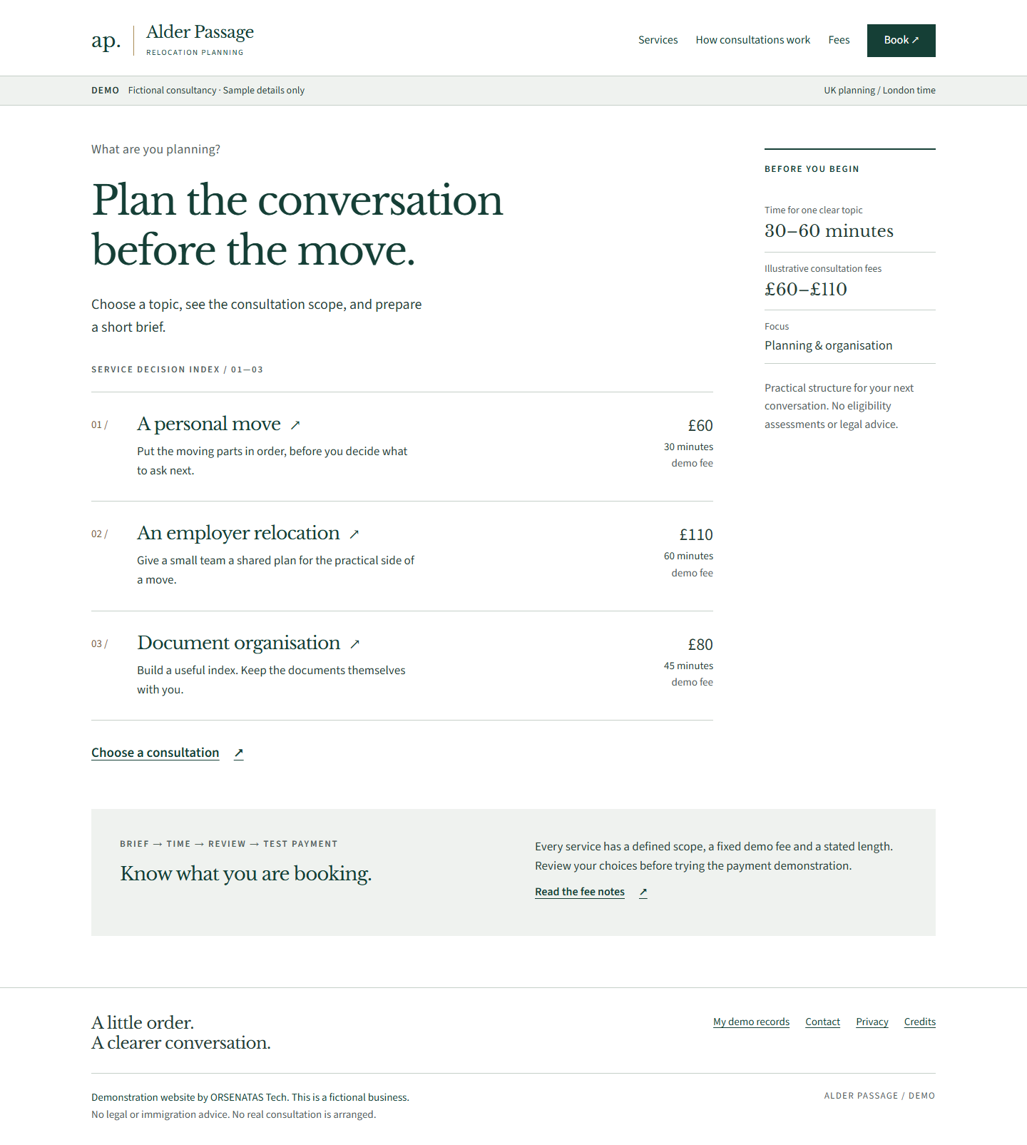 Screenshot of the Alder Passage demo homepage, captured locally.