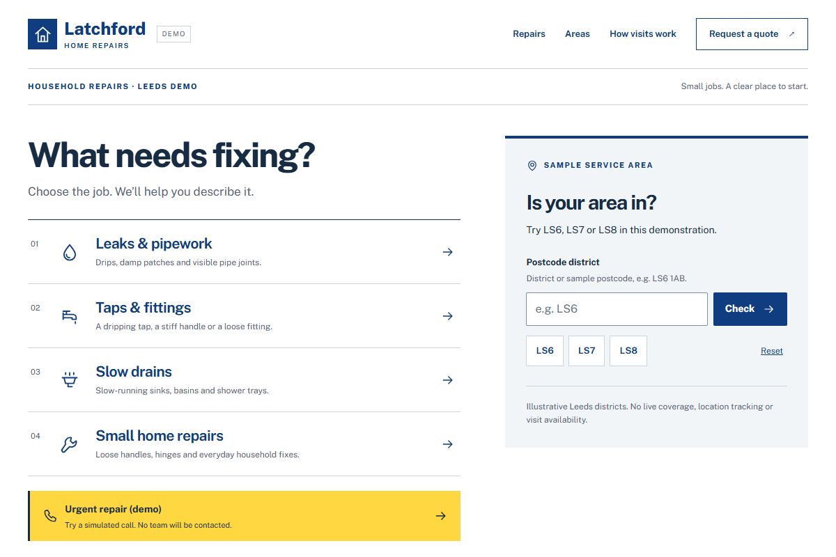 Screenshot of the Latchford Home Repairs demo homepage.