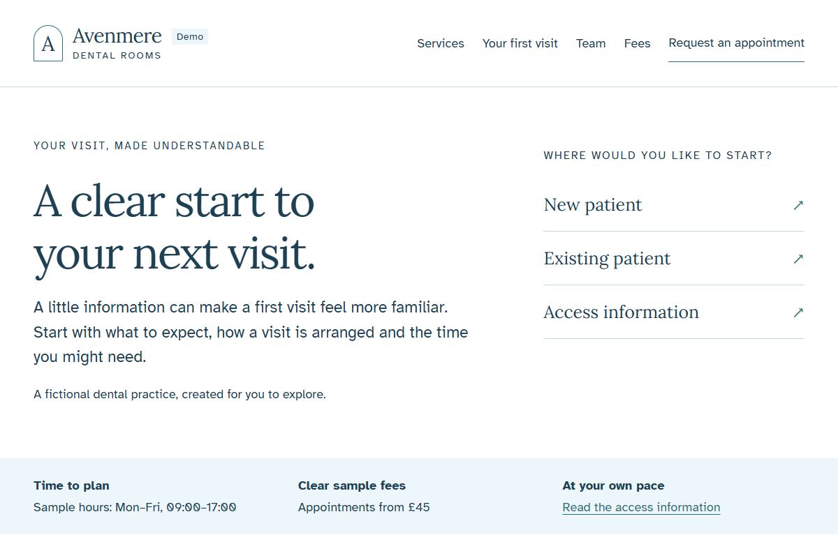 Screenshot of the Avenmere Dental Rooms demo homepage.