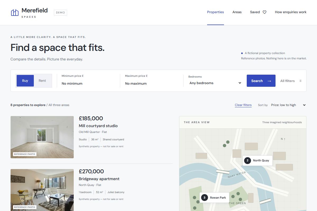 Screenshot of the Merefield Spaces demo homepage.