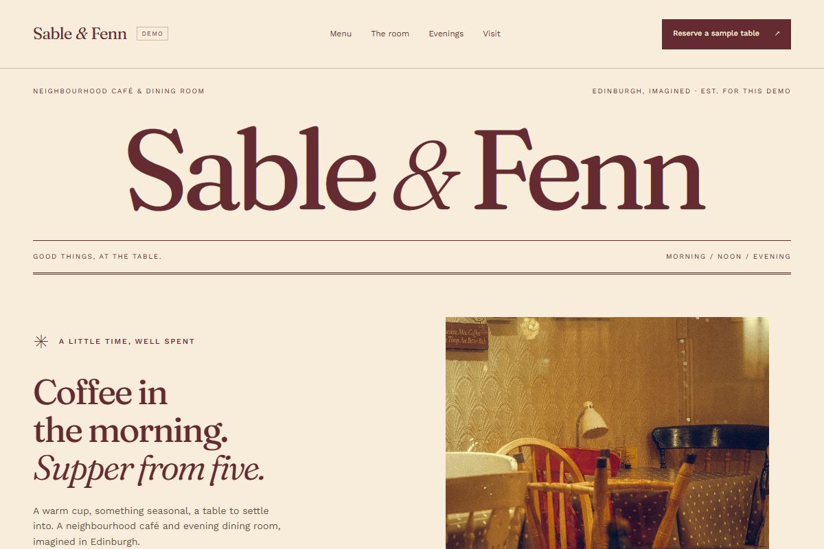 Screenshot of the Sable & Fenn demo homepage.