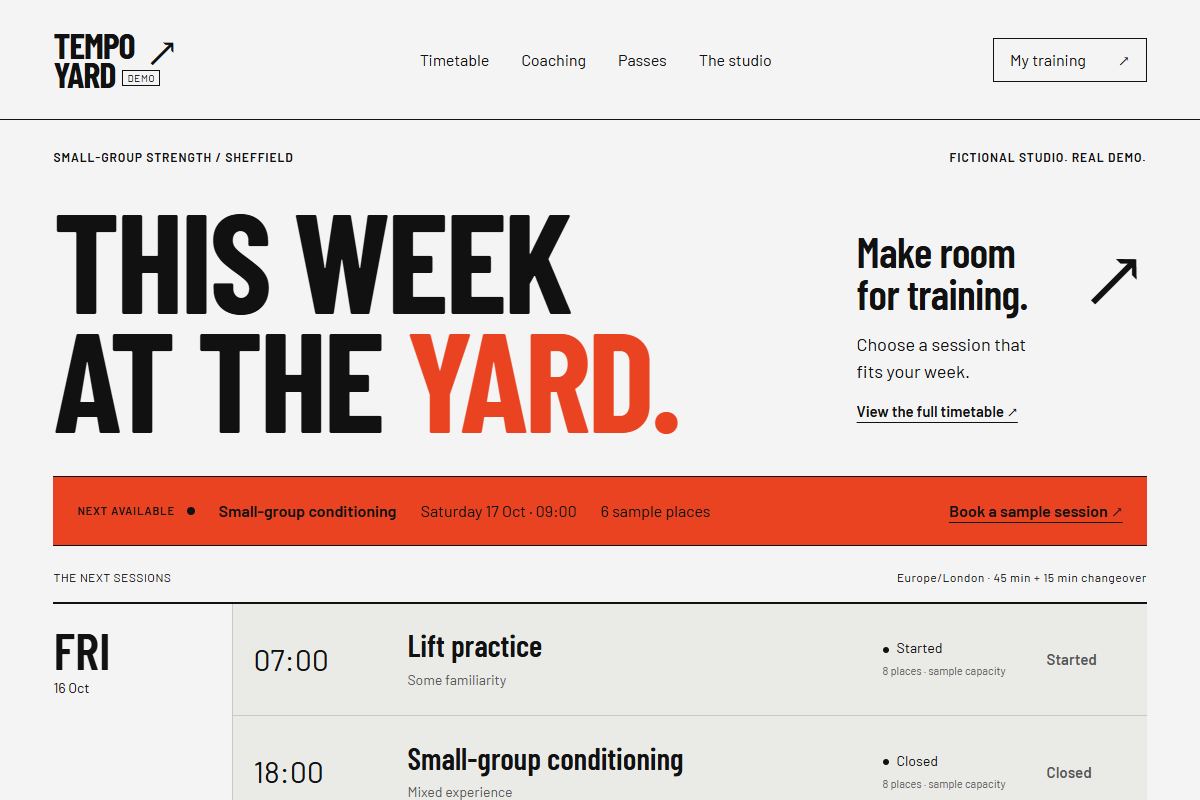 Screenshot of the Tempo Yard demo homepage.