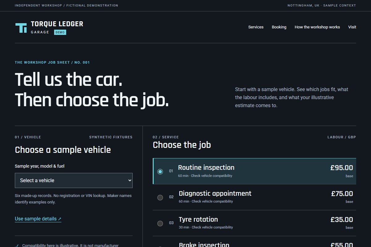 Screenshot of the Torque Ledger Garage demo homepage.