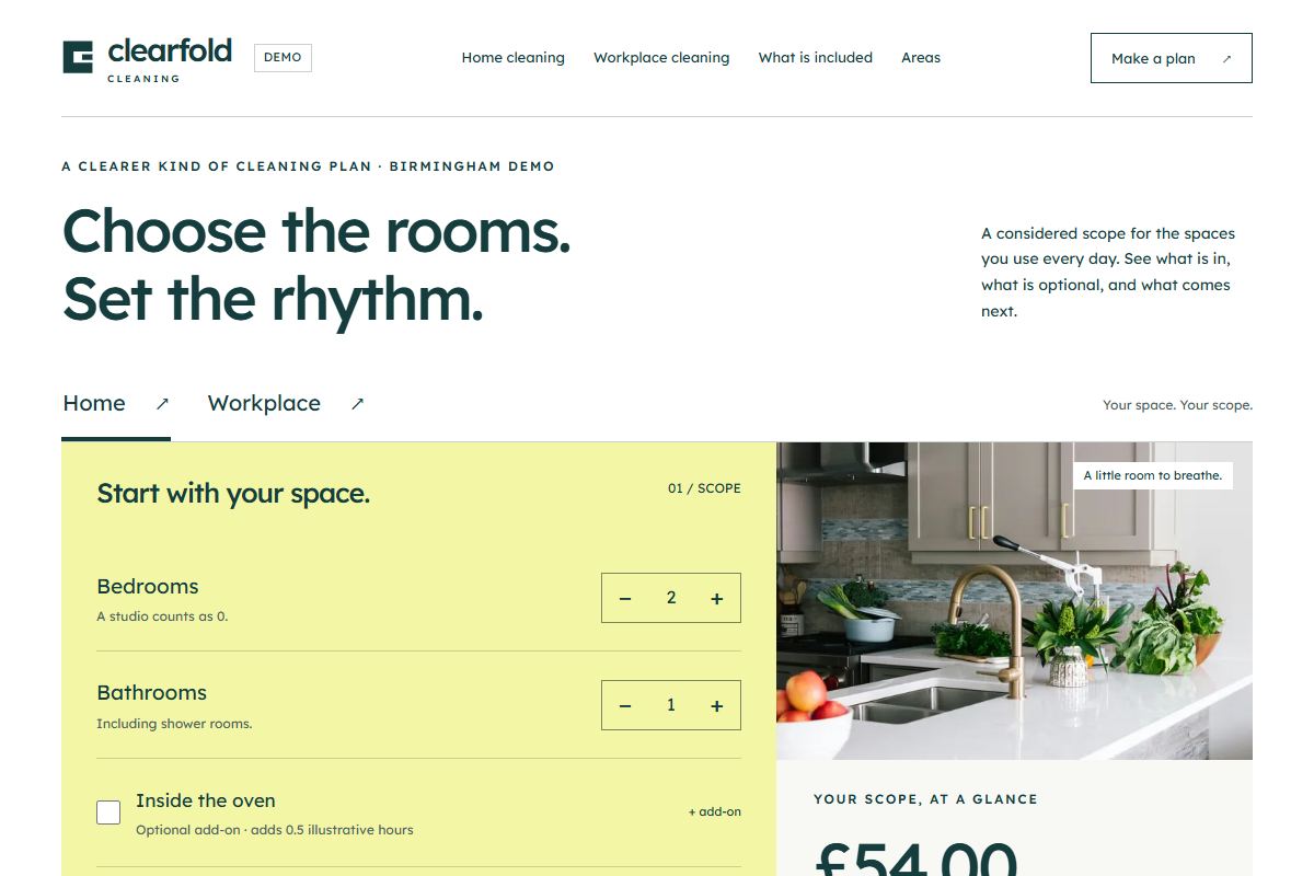 Screenshot of the Clearfold Cleaning demo homepage.