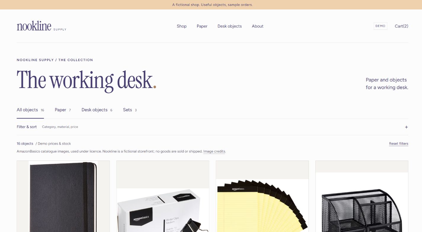 Screenshot of the Nookline Supply demo homepage, captured locally.