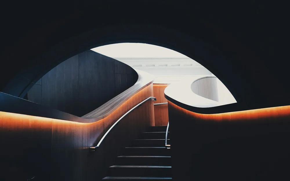 A dark sculptural staircase with curved timber walls and warm concealed lighting.