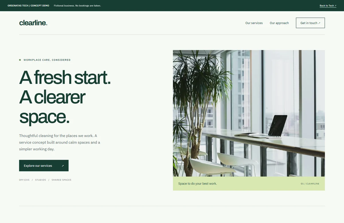 Actual Clearline workplace-care demo, showing its service-led homepage and enquiry route.