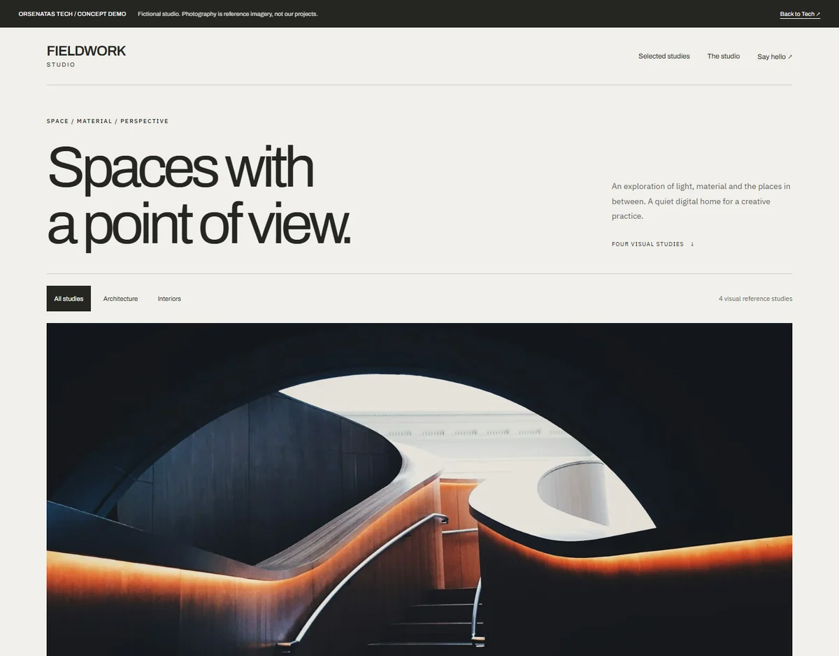 Actual Fieldwork Studio demo homepage, with project filters and architectural design studies.