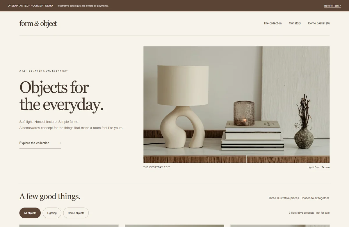 Screenshot of the working Form & Object shop concept, showing its product-led homepage.